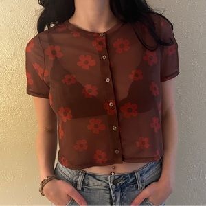 pacsun sheer red & brown floral crop top